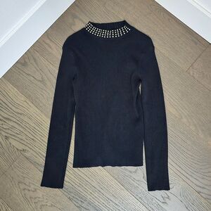 Lipsy London for ASOS Ribbed Knit Crystal Collar Turtleneck in Black & Gold